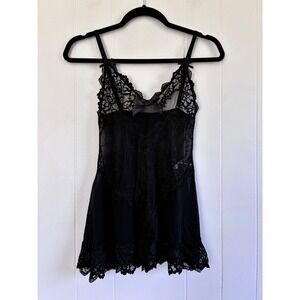 Oh La La Cheri Paris Black Lace Chemise Babydoll Lingerie Small Bows Mesh Slips